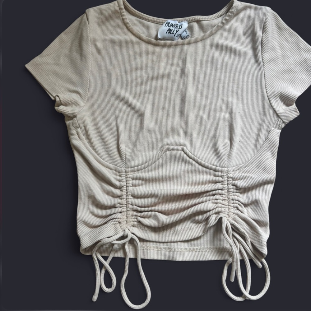 Princess Polly Cream Ruched Drawstring Crop Tee - Picture 3 of 6